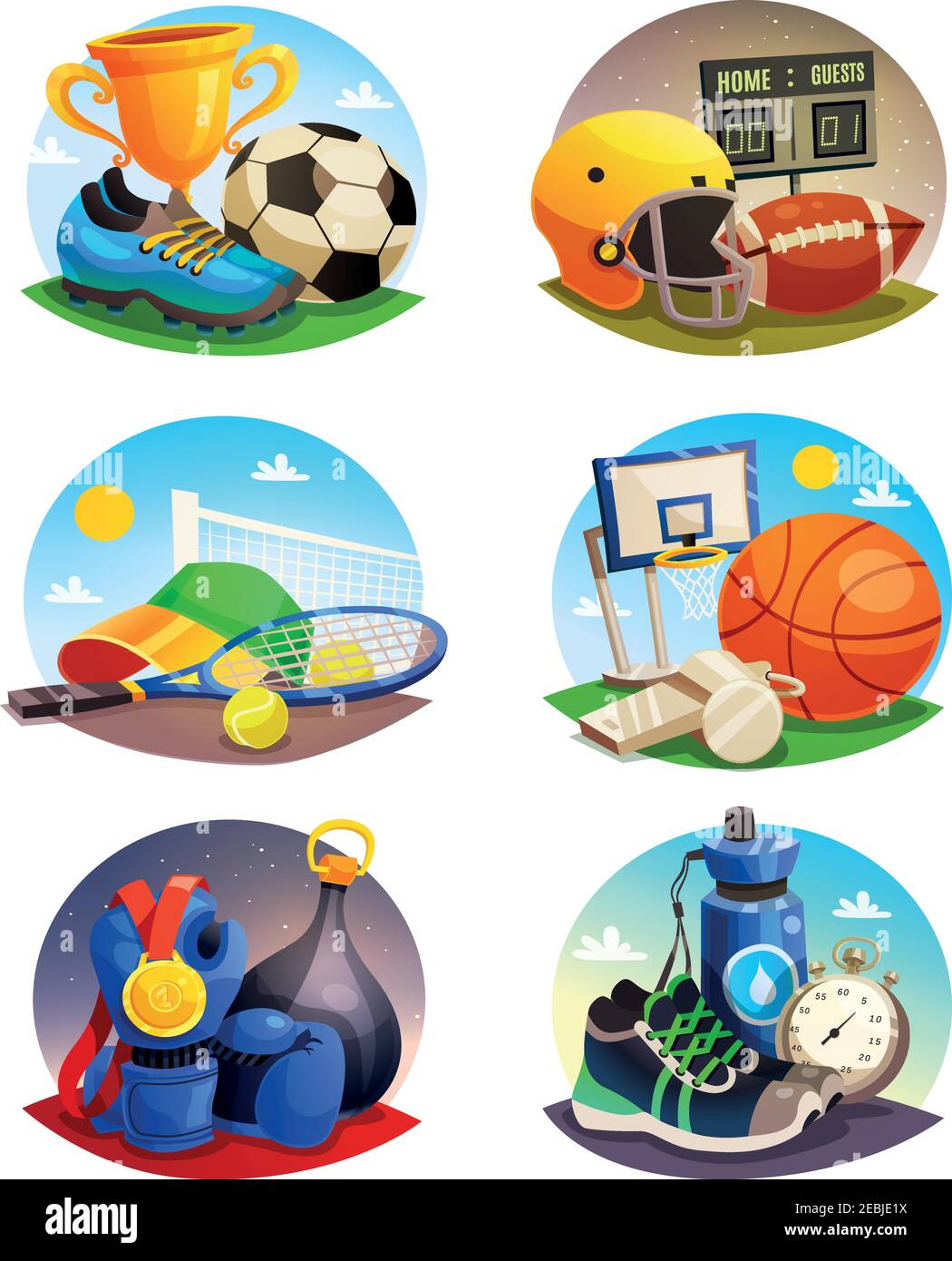 Collection of isolated design pictures with sport inventory for rugby