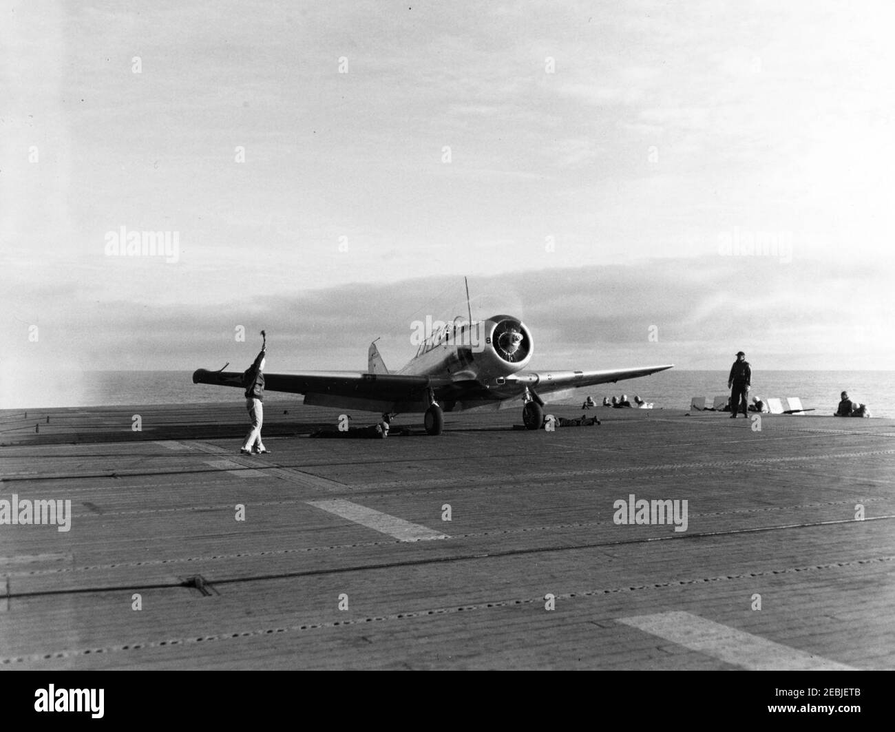 North American SNJ-3 aboard USS Long Island (ACV-1) on 28 January 1943 Stock Photo