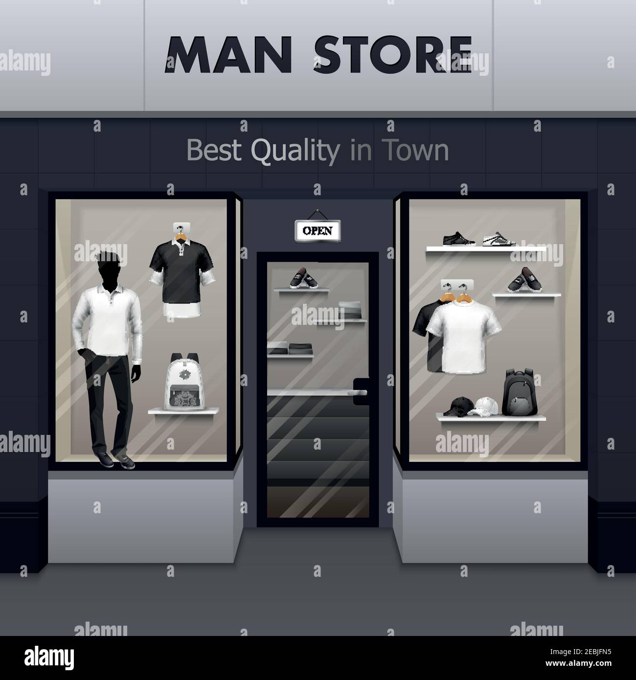 Mens sportswear workout and outdoor active wear best quality fashionable clothes store window display street view vector illustration Stock Vector