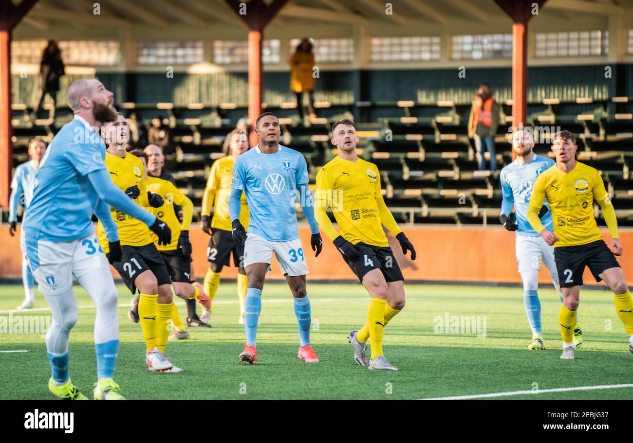 Malmoe, Sweden. 12th Feb, 2021. Amin Sarr (39) of Malmoe FF and Max Watson (4) of Mjallby seen during a test match between Malmoe FF and Mjallby AIF at Malmoe Idrottsplats in Malmoe. (Photo Credit: Gonzales Photo/Alamy Live News Stock Photo