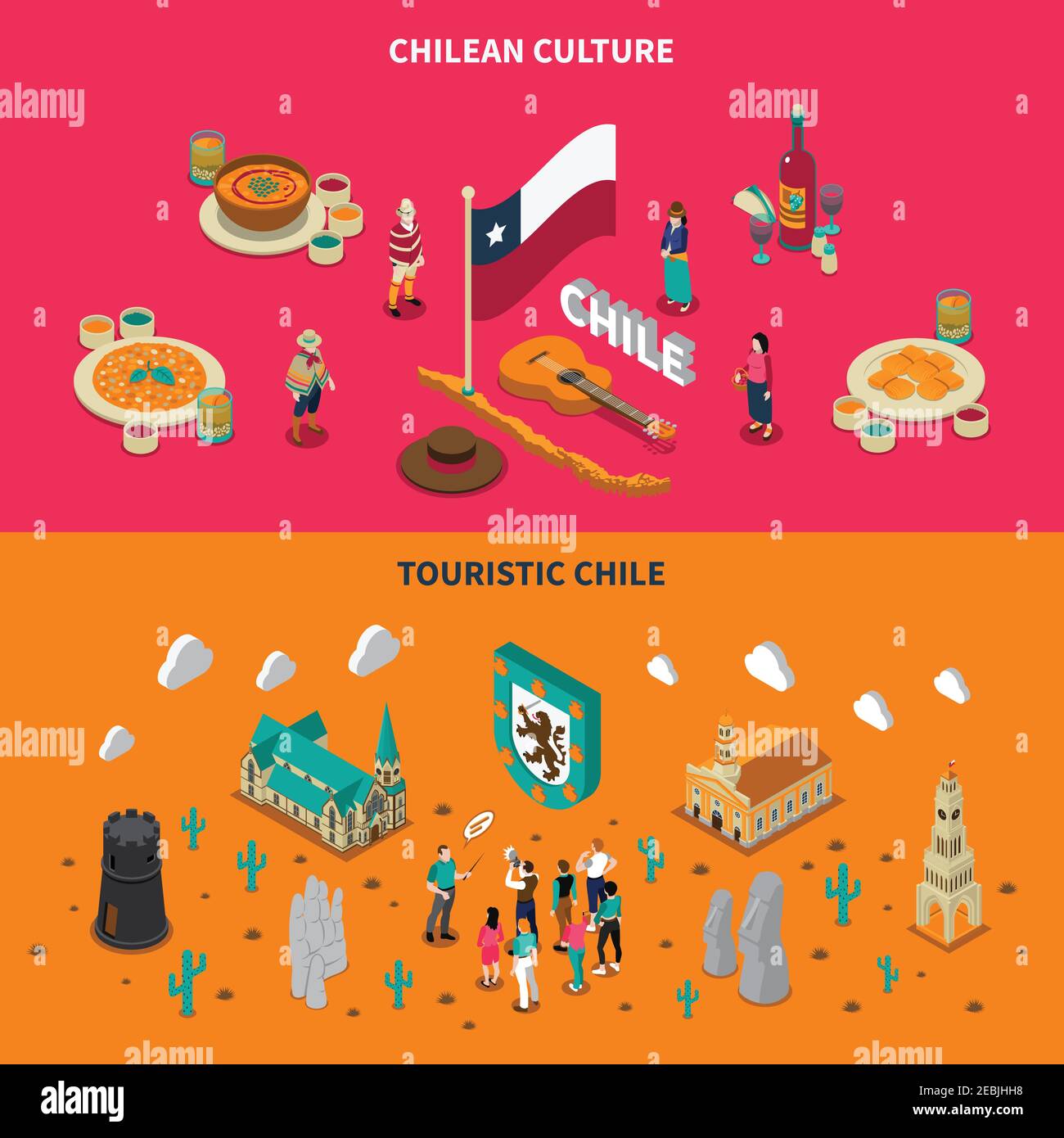 Chile top touristic attractions 2 isometric horizontal banners with national dishes and places of interest isolated vector illustration Stock Vector