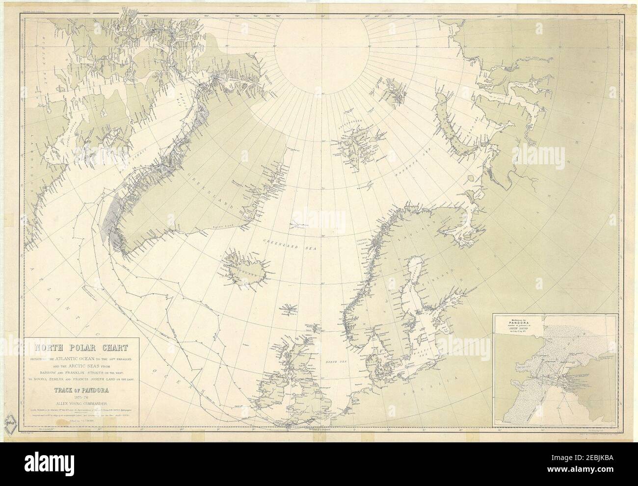 North Polar Chart, including the Atlantic Ocean to the 50th Parallel and the Arctic Seas from Barrow and Franklin Straits on the West, to Novaya Zemlya and Francis Joseph Land on the East - UvA-BC OTM HB-KZL 65 03 24. Stock Photo