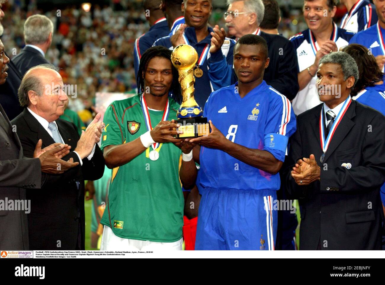 Football Fifa Confederations Cup France 03 Semi Final Cameroon V Colombia Gerland Stadium Lyon France 26 6 03 France Captain Marcel Desailly And Cameroon Captain Rigobert