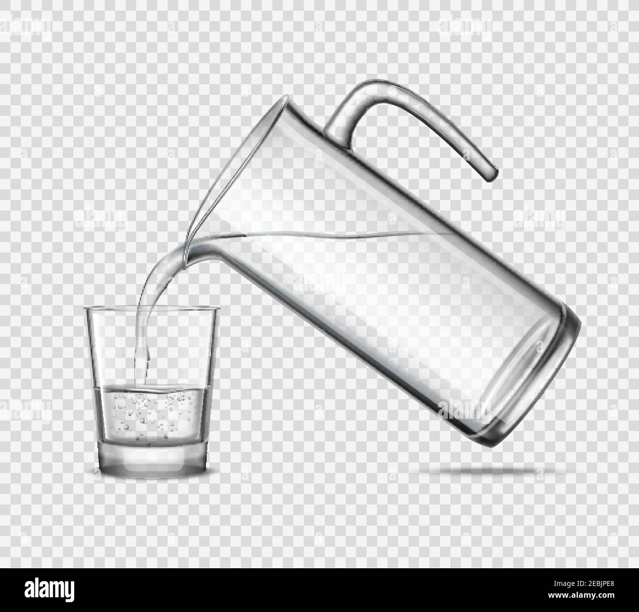 Empty glass cup, full one and water pouring into realistic glass cup from  plastic bottle on transparent background set. Purified or mineral water  advertising, package vector design. Stock Vector