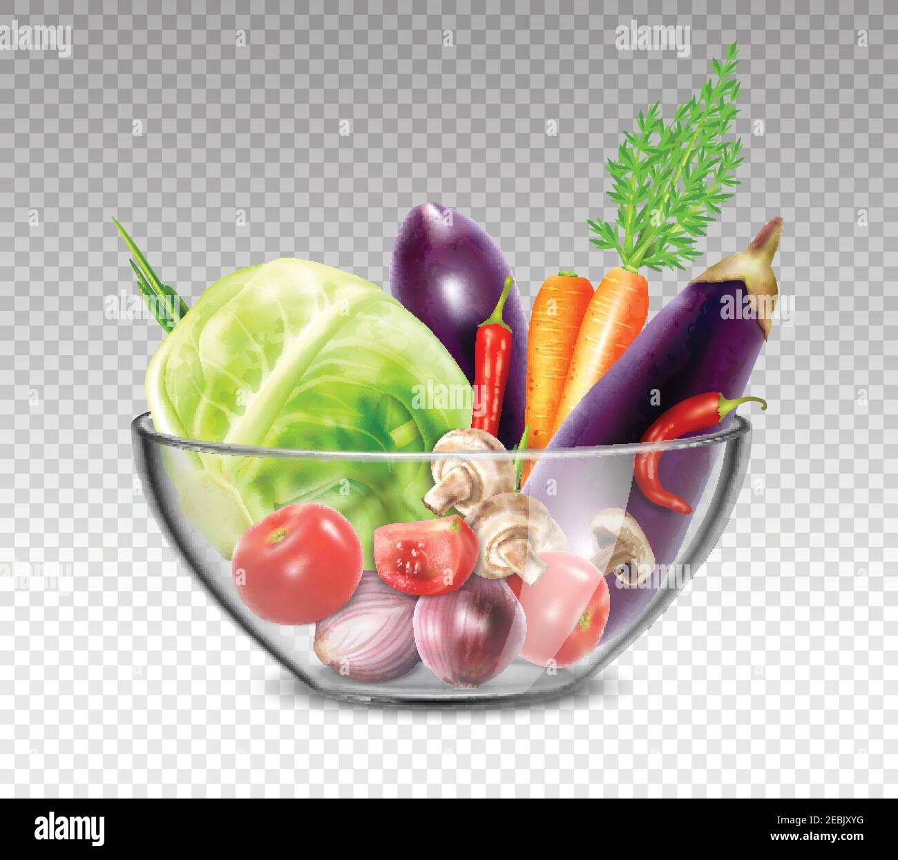 Colorful still life painting with vegetables in glass bowl on transparent background in realistic style vector illustration Stock Vector