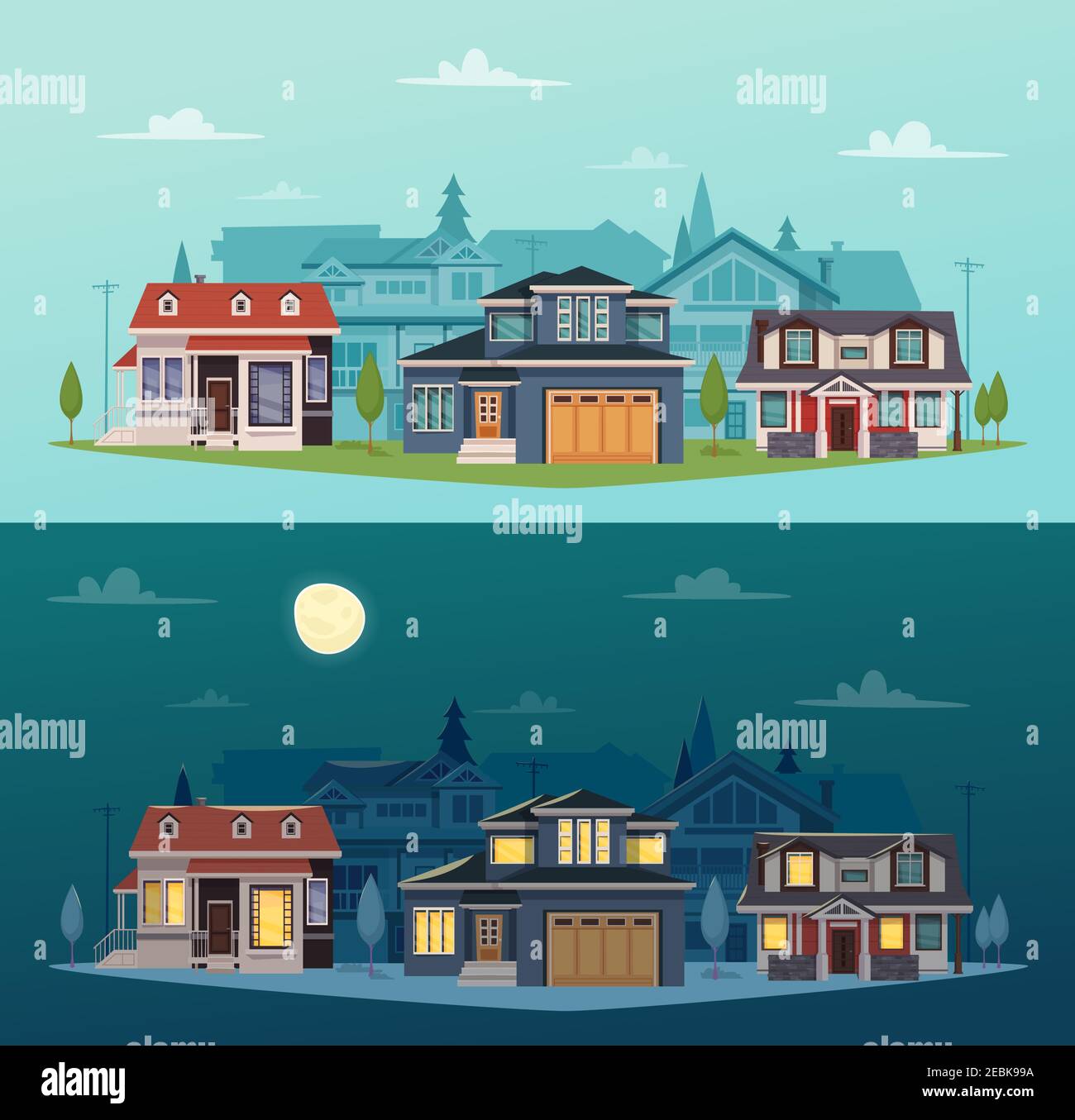 Suburban houses horizontal banners with colorful cottages at day and night time vector