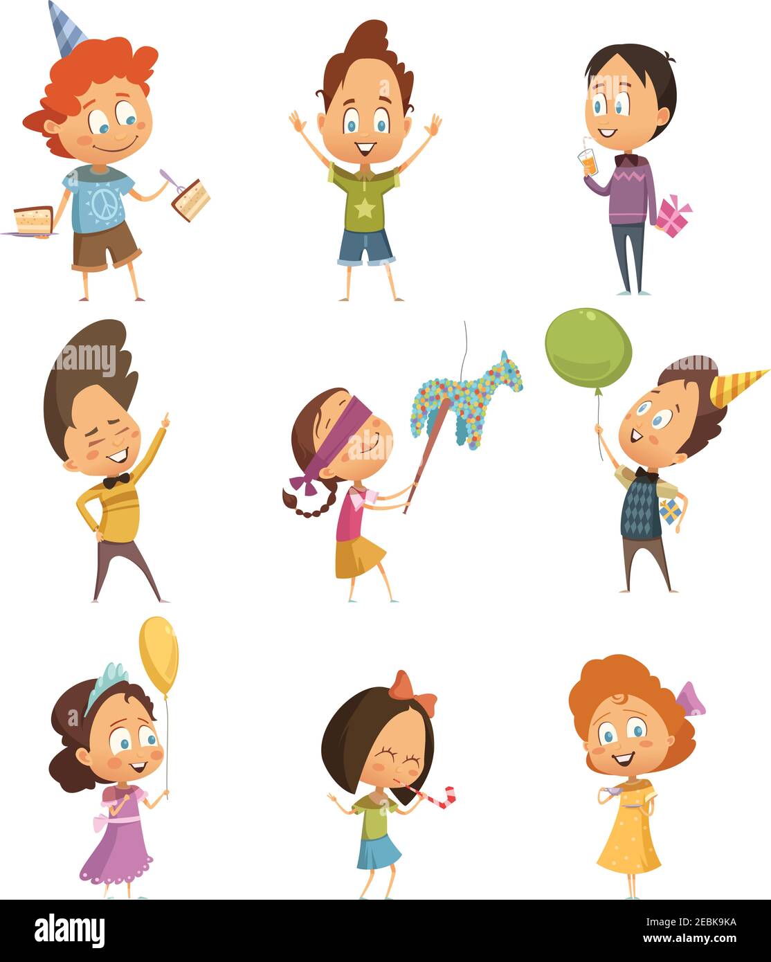 Cartoon retro icons set of kids dancing and having fun at birthday party isolated on white background vector illustration Stock Vector