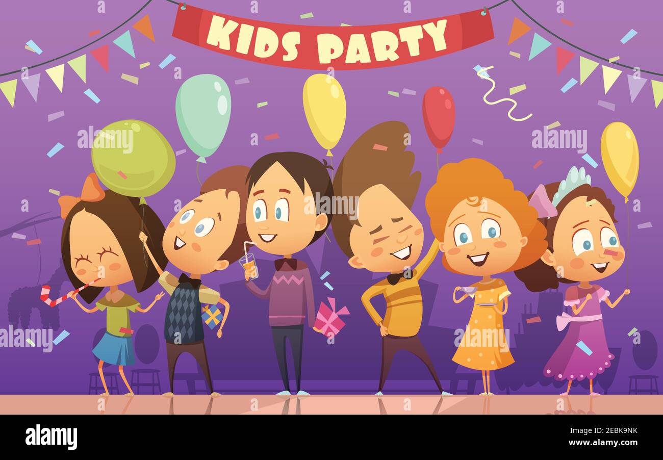 Merry kids dancing and playing at birthday patry cartoon vector illustration Stock Vector