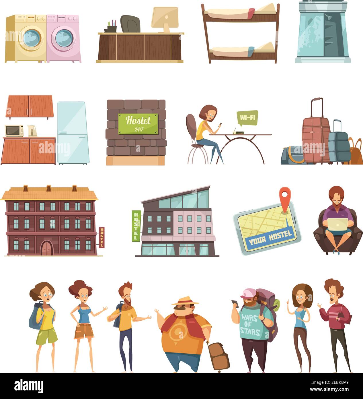 Hostel isolated retro icons set in cartoon style with backpackers guesthouse buildings and elements of hotel interior flat vector illustration Stock Vector Image & Art - Alamy Hostel isolated retro icons set in cartoon style with backpackers guesthouse buildings and elements of hotel interior flat vector illustration Stock Vector Image & Art - Alamy