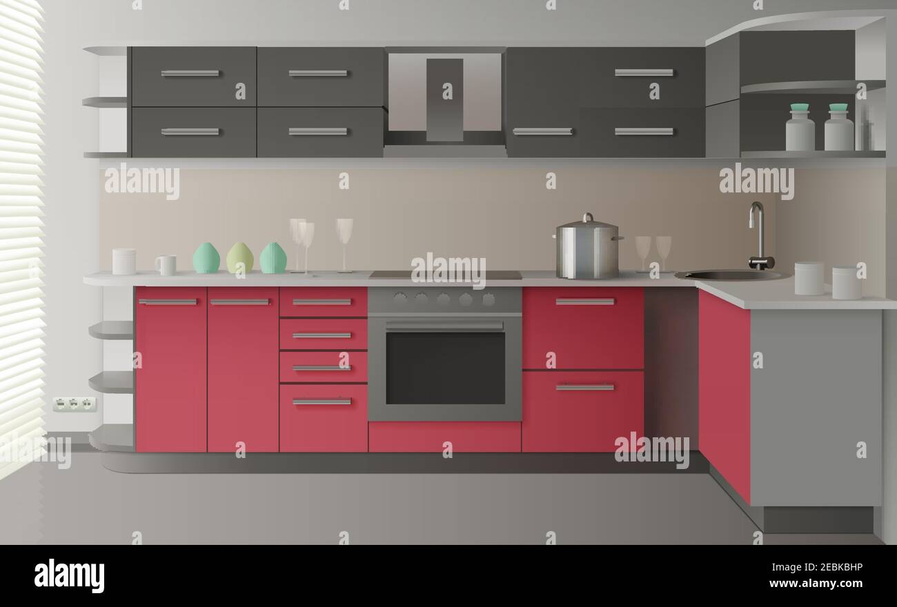 kitchen shelves print colourful kitchen decor,... Colored and realistic modern kitchen interior with drawers shelves oven ...