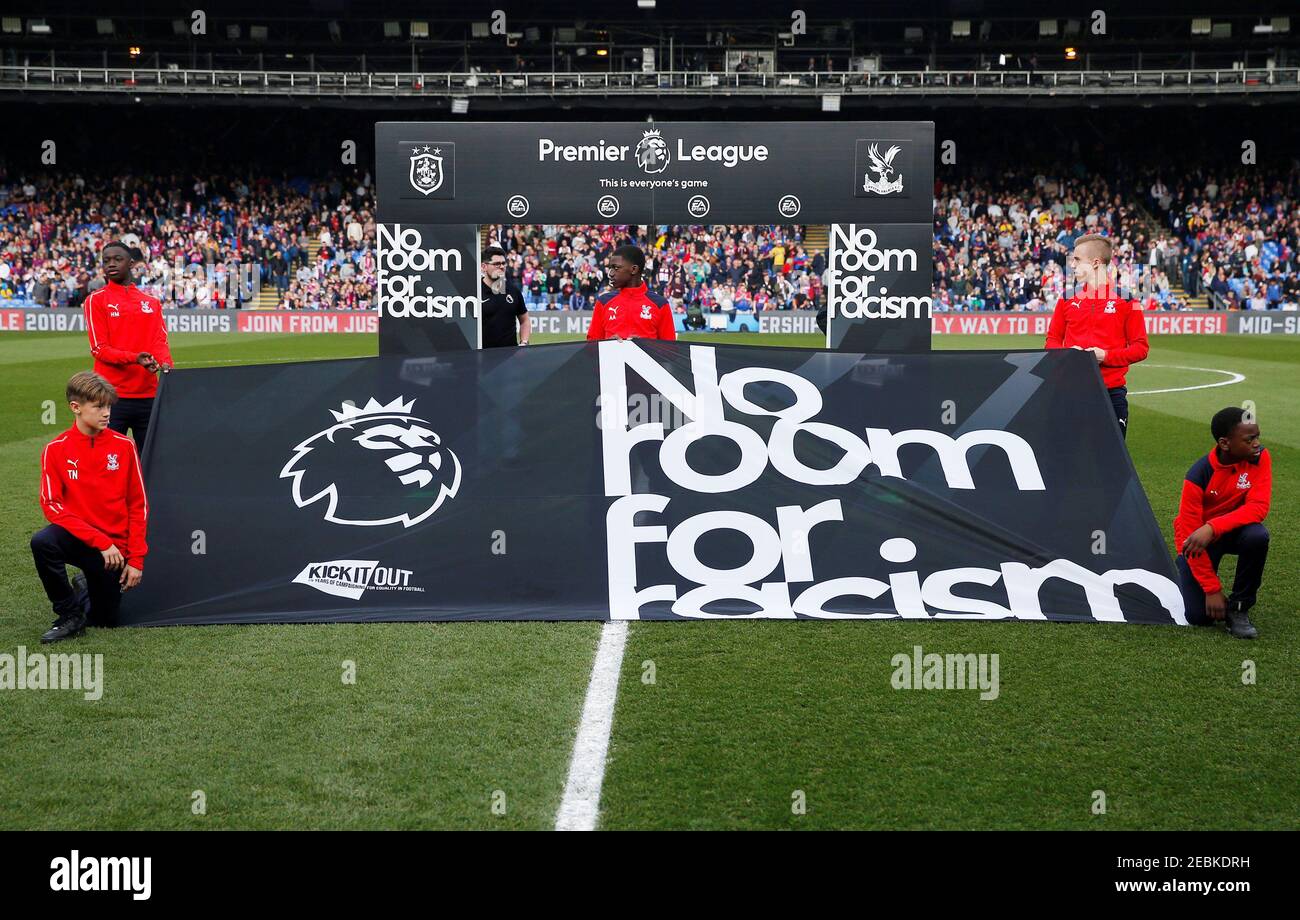 Soccer Football - Premier League - Crystal Palace v Huddersfield Town - Selhurst Park, London, Britain - March 30, 2019  General view of an anti-racism banner before the match    Action Images via Reuters/Andrew Couldridge  EDITORIAL USE ONLY. No use with unauthorized audio, video, data, fixture lists, club/league logos or 'live' services. Online in-match use limited to 75 images, no video emulation. No use in betting, games or single club/league/player publications.  Please contact your account representative for further details. Stock Photo