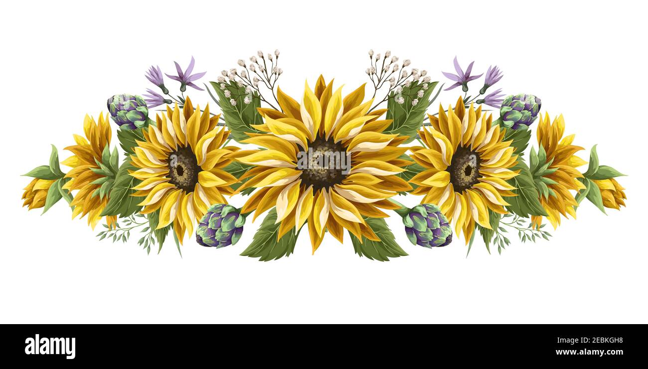 Sunflowers bouquet with wild flower and artichoke isolated. Stock Vector