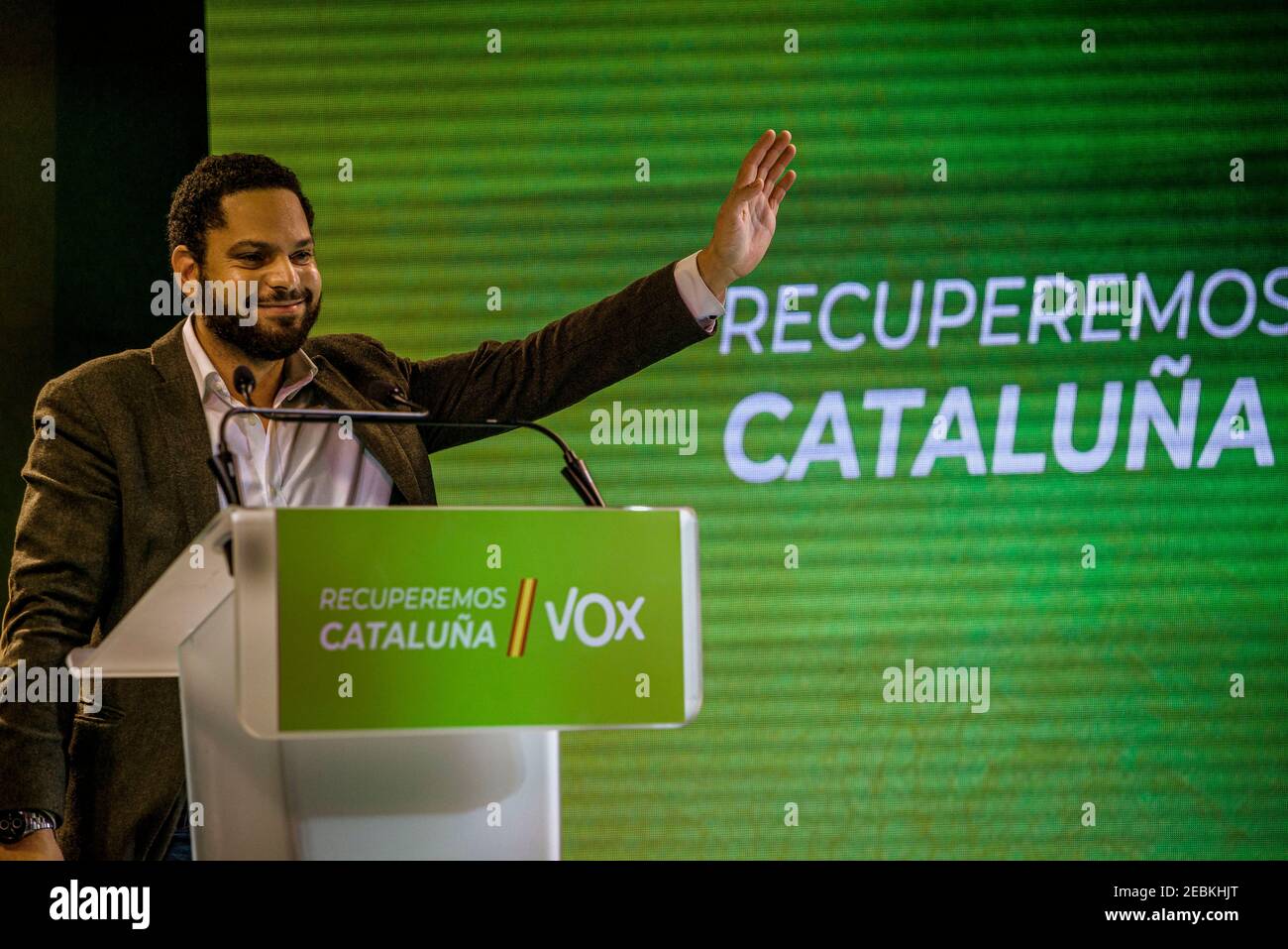 Barcelona, Spain. 12th Feb, 2021. IGNACIO GARRIGA, candidate of right-wing party VOX for the Catalan presidency, addresses supporters during the party's campaign closing meeting Credit: Matthias Oesterle/Alamy Live News Stock Photo