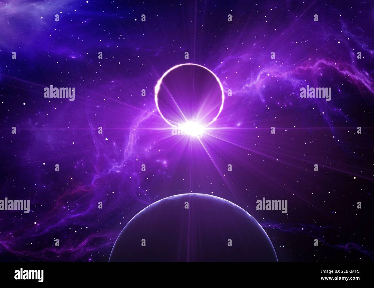 Exoplanet passes in front of its host star in deep space. Star eclipse. For use with projects on science, research, and education. 3D illustration Stock Photo