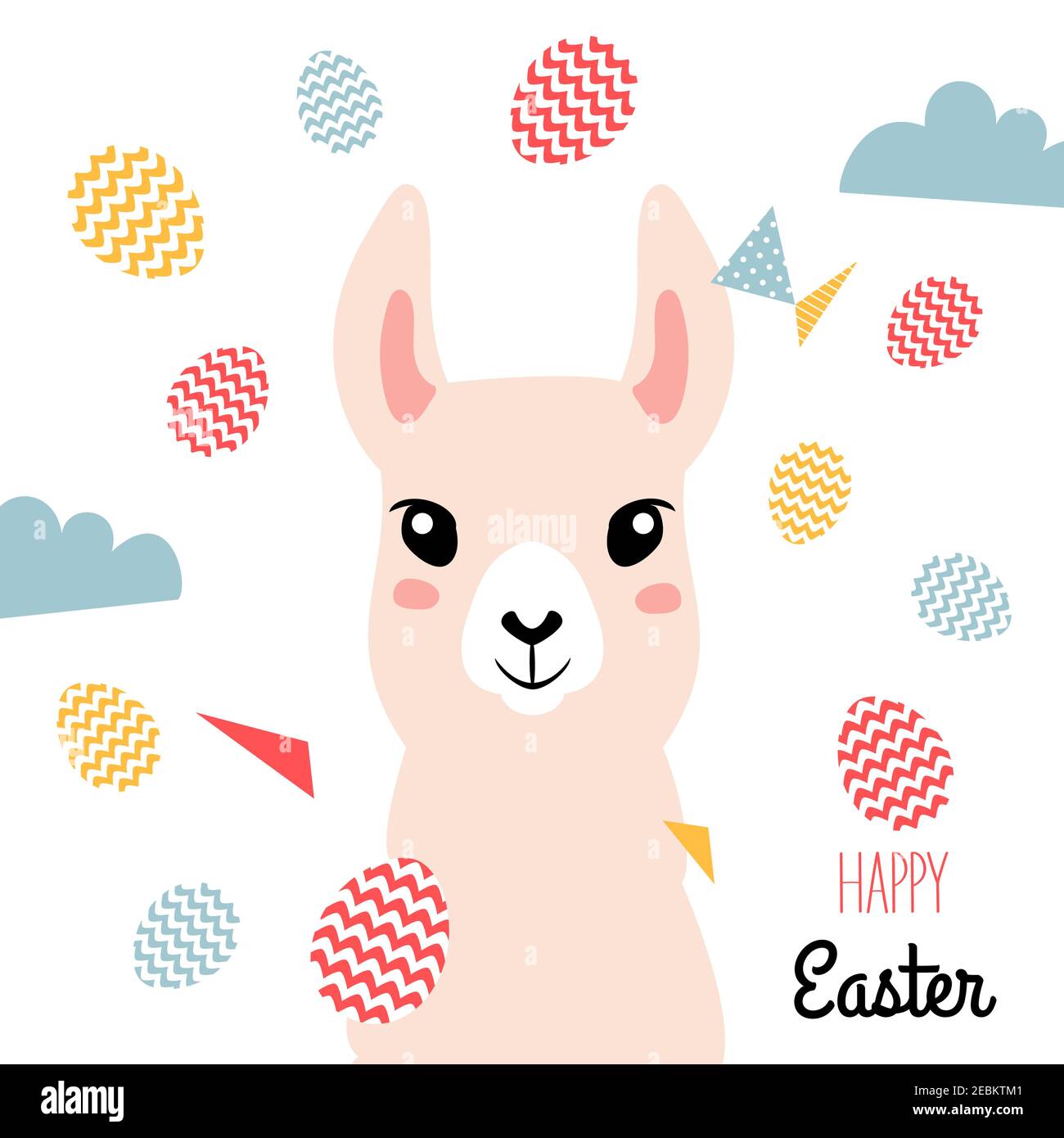 Easter card for Easter holidays design concept. Llama and Easter eggs Stock Vector