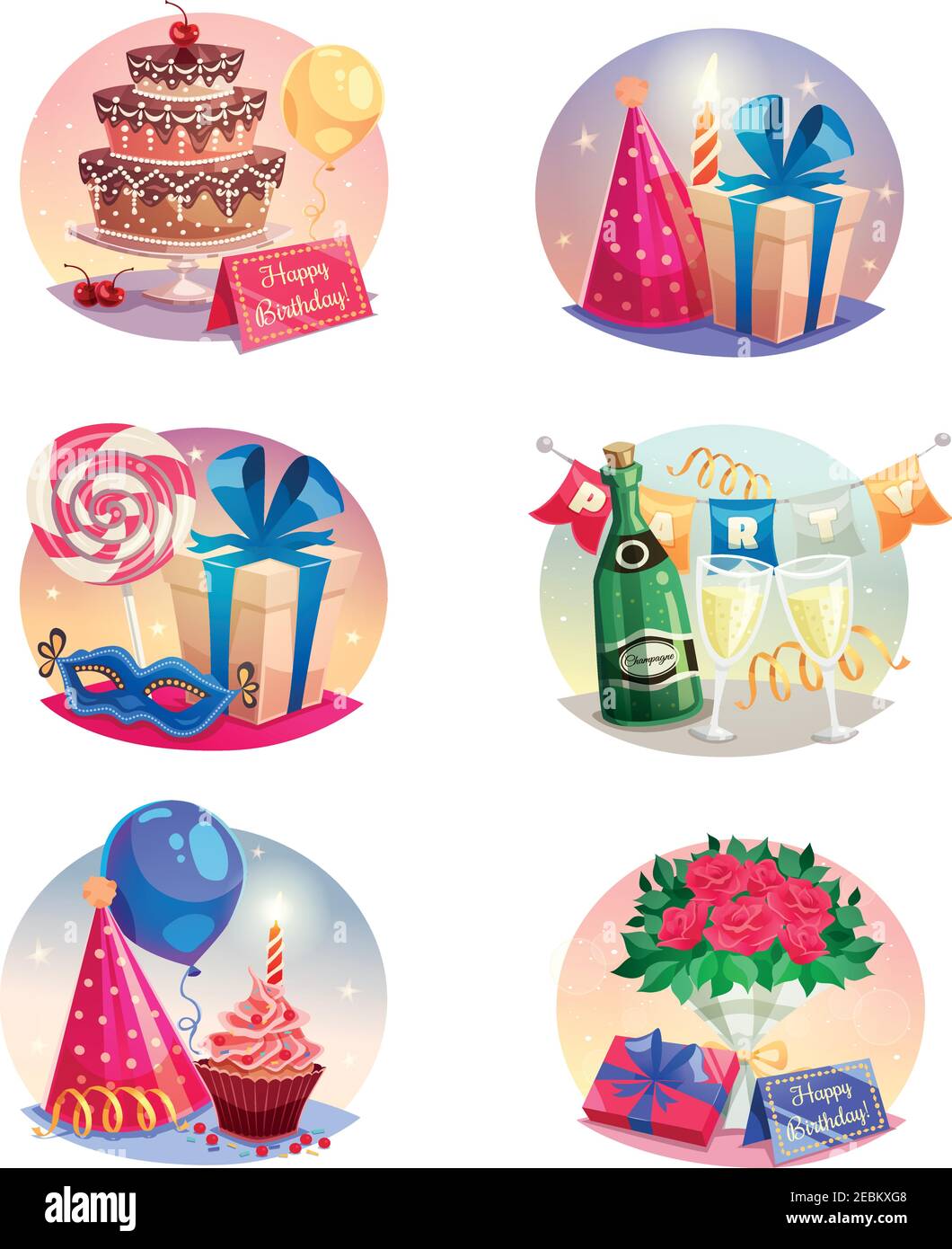 Celebration set of isolated bubble compositions with elements of party or carnival attributes and birthday gifts flat vector illustration Stock Vector