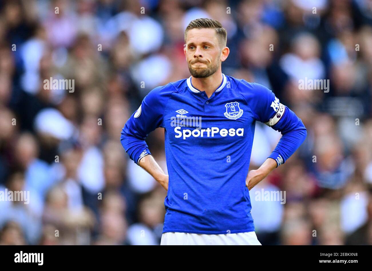 Soccer Football - Premier League - Tottenham Hotspur v Everton - Tottenham Hotspur Stadium, London, Britain - May 12, 2019  Everton's Gylfi Sigurdsson during the match  REUTERS/Dylan Martinez  EDITORIAL USE ONLY. No use with unauthorized audio, video, data, fixture lists, club/league logos or 'live' services. Online in-match use limited to 75 images, no video emulation. No use in betting, games or single club/league/player publications.  Please contact your account representative for further details. Stock Photo
