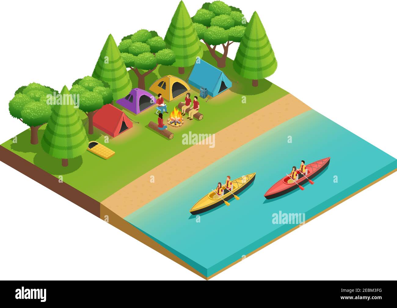Camping hiking isometric composition with tent on the lake and tourists ...