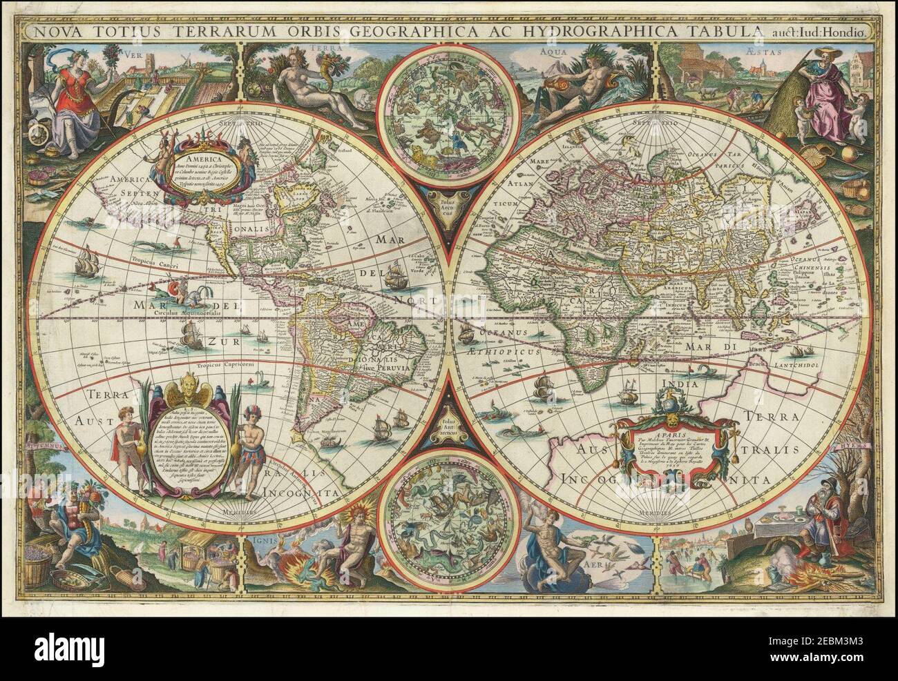Nova Totius Terrarum Orbis Geographica Ac Hydrographica Tabula auc.t Iud Hondio . . . 1636. Stock Photo