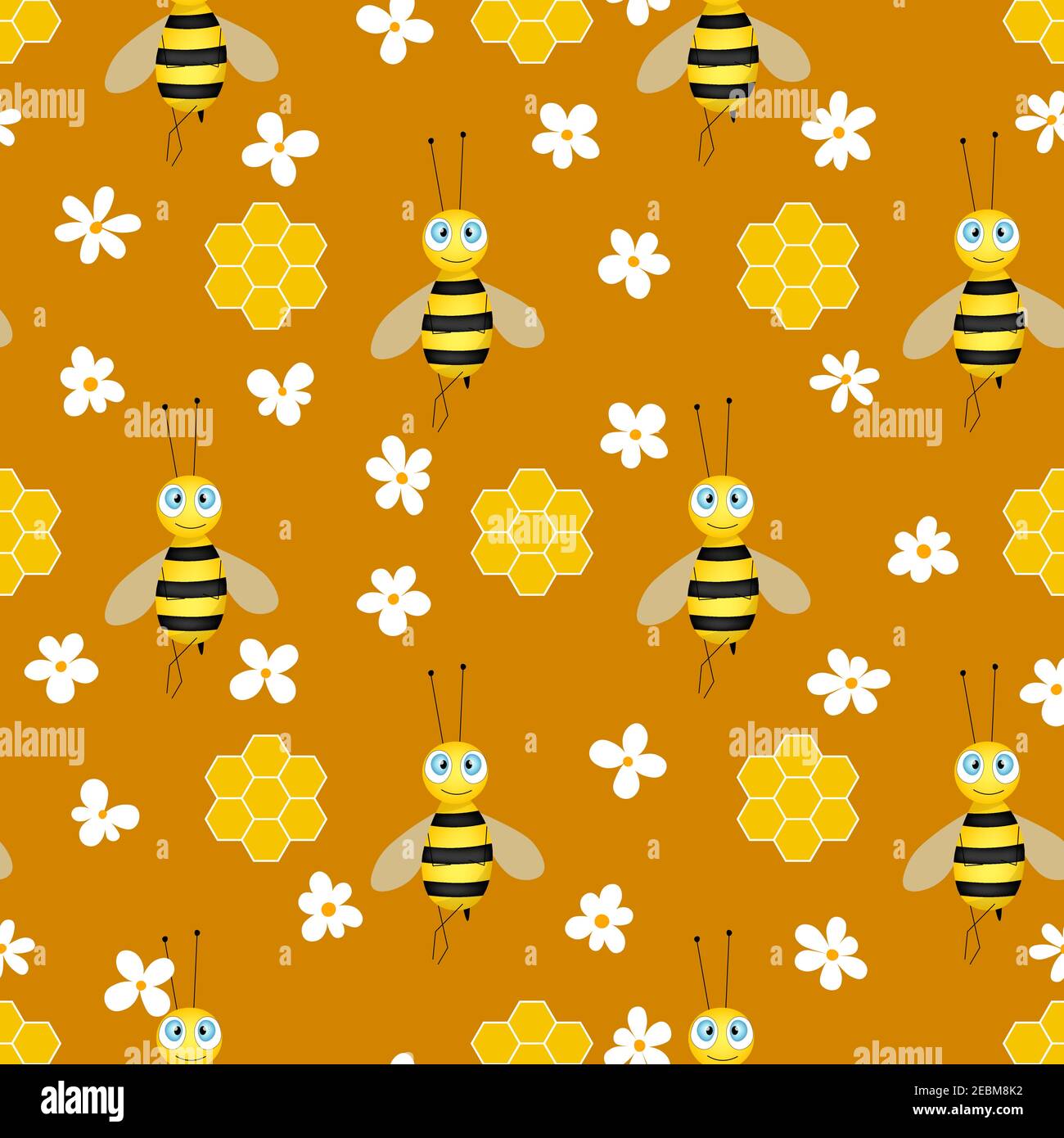 Seamless pattern with bees and honeycombs on brown background. Small ...