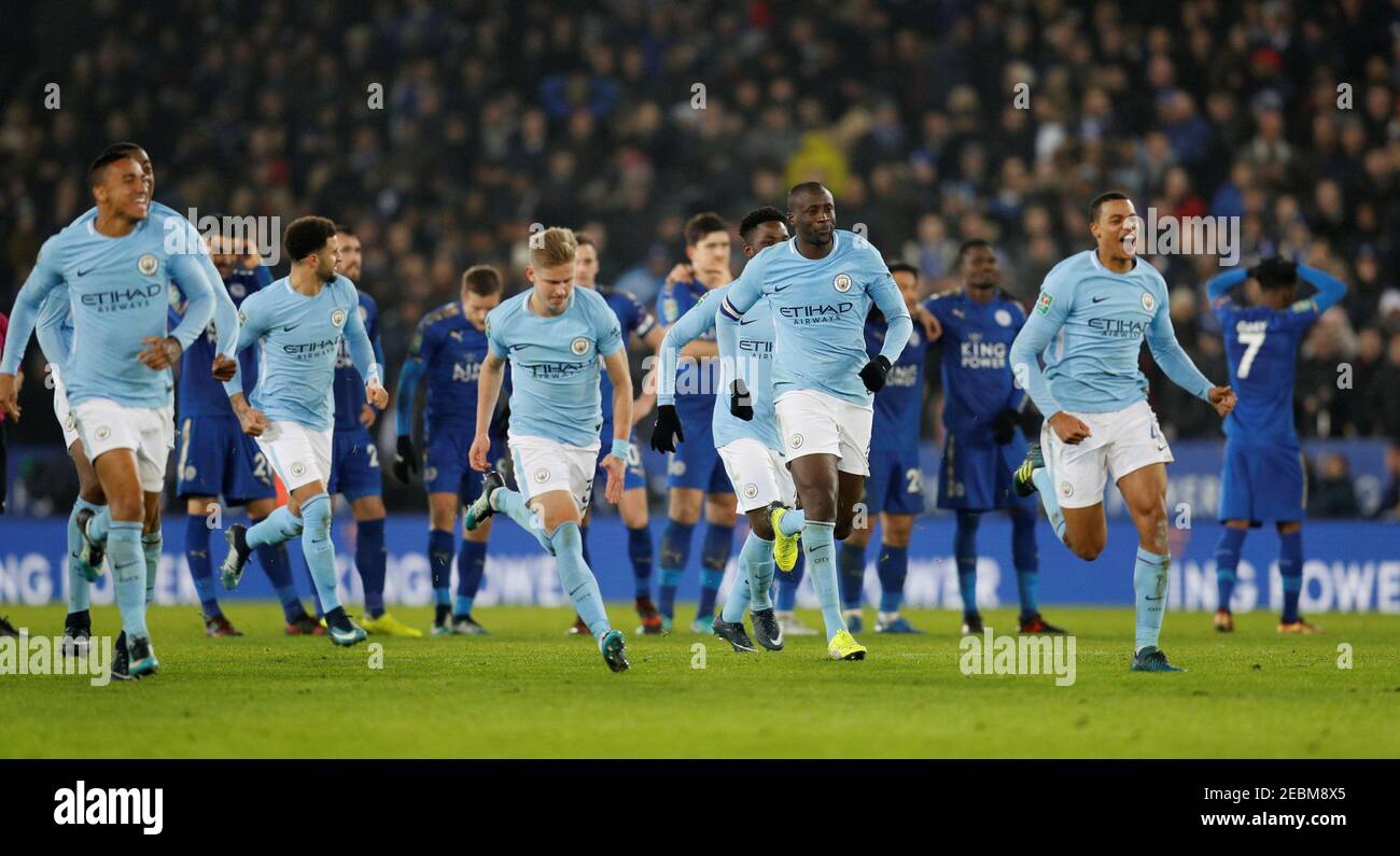 Soccer Football - Carabao Cup Quarter Final - Leicester City vs Manchester City - King Power Stadium, Leicester, Britain - December 19, 2017   Manchester City players celebrate winning the shootout   REUTERS/Darren Staples    EDITORIAL USE ONLY. No use with unauthorized audio, video, data, fixture lists, club/league logos or 'live' services. Online in-match use limited to 75 images, no video emulation. No use in betting, games or single club/league/player publications.  Please contact your account representative for further details. Stock Photo