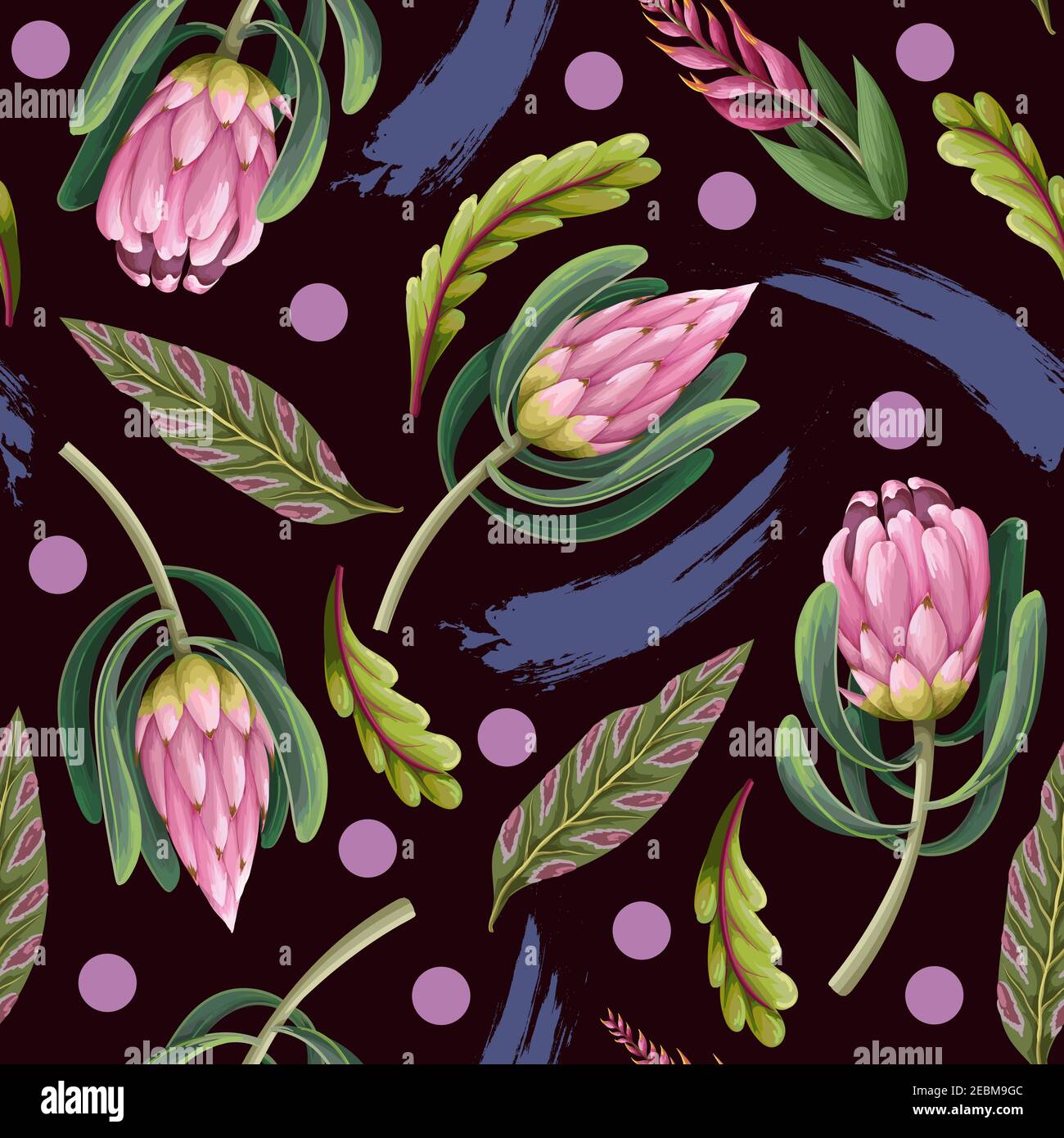 Seamless pattern with proteas flowers. Trendy floral vector print. Stock Vector