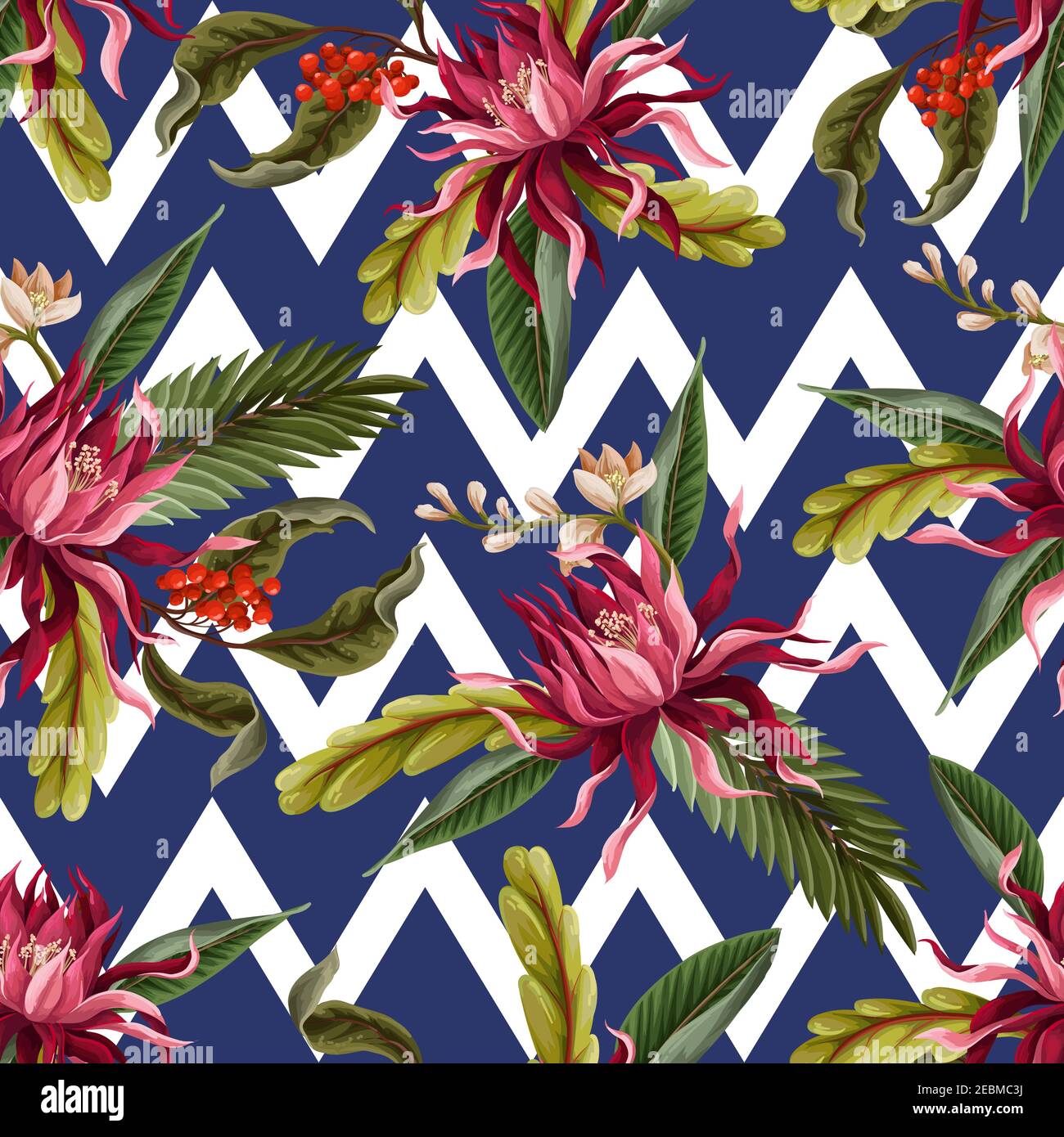 Seamless pattern with tropical leaves and flowers. Vector Stock Vector ...