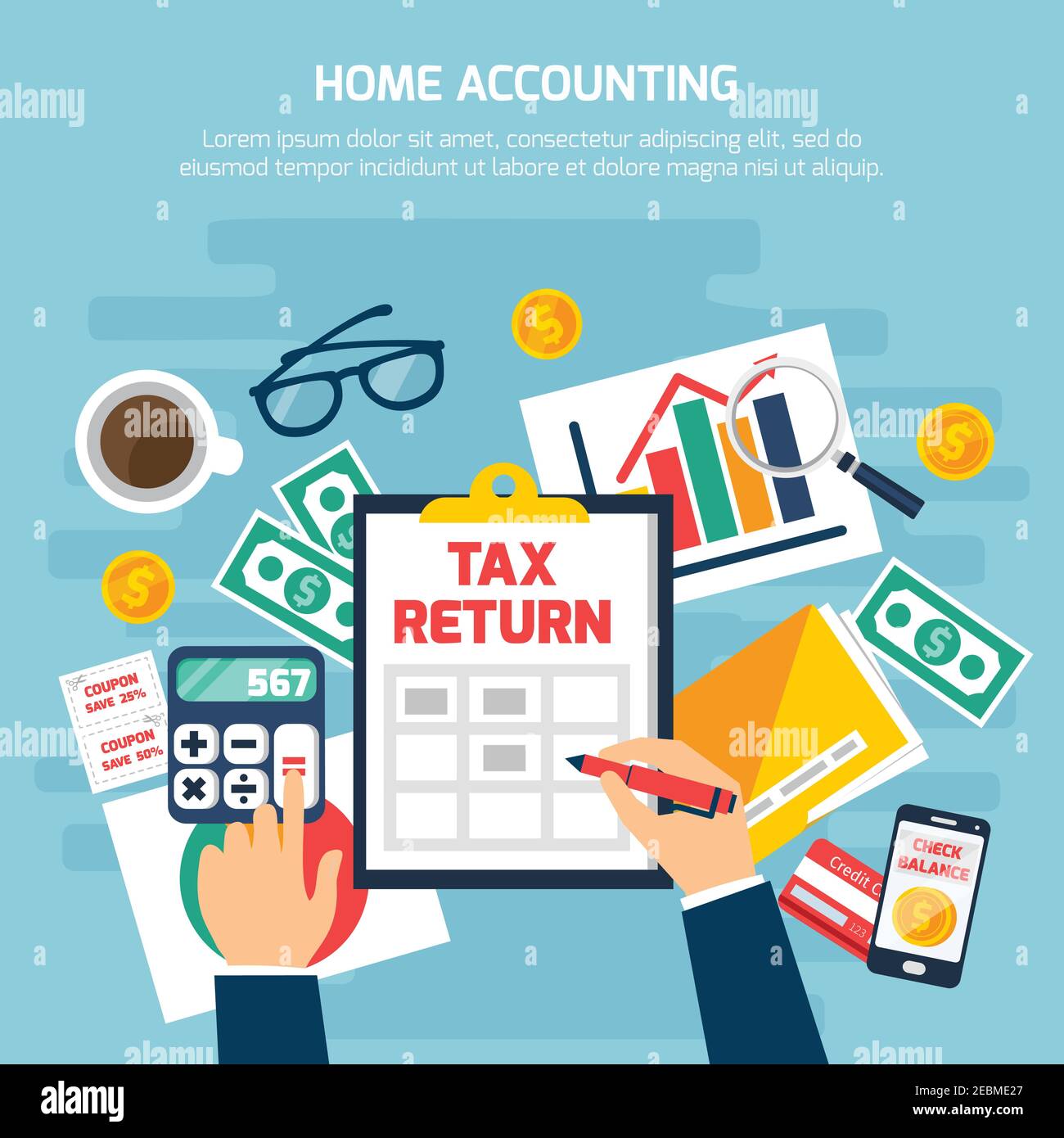 Home accounting composition with money and finance symbols on blue background flat vector illustration Stock Vector