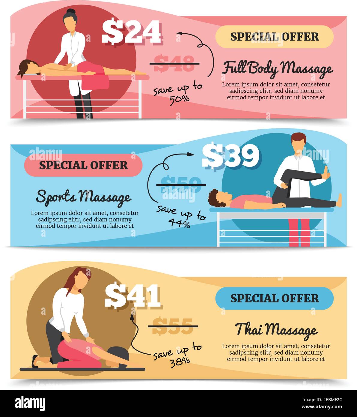 Flat design horizontal various types of massage and health care special offer banners isolated on white background vector illustration Stock Vector