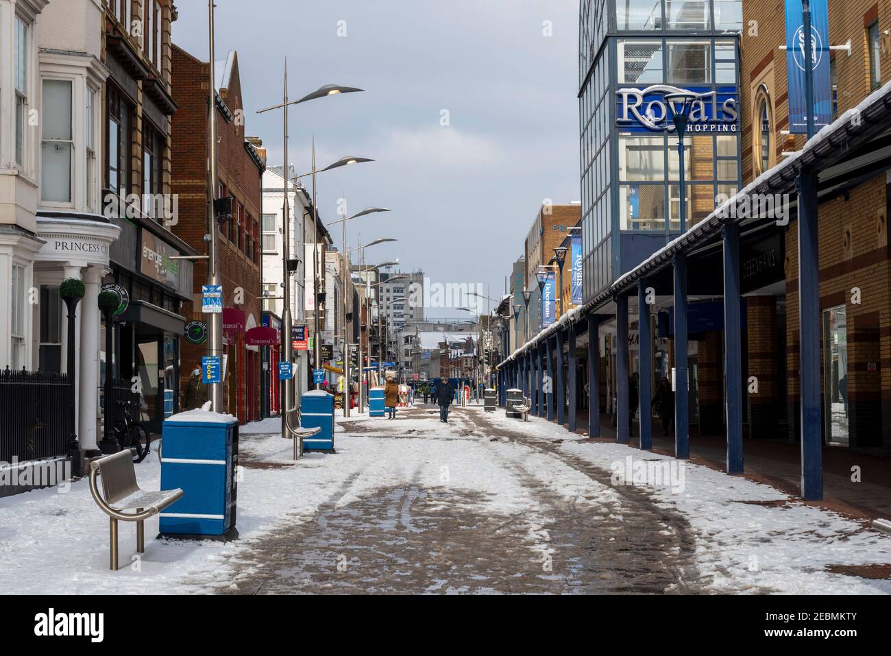 High Street in Southend on Sea, Essex, UK, with snow on the ground from