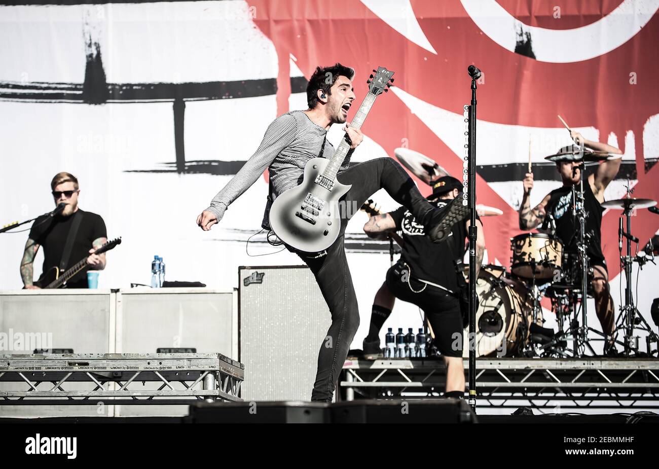 Jack Barakat of All Time Low on the main stage at the 2015 Reading Festival Stock Photo