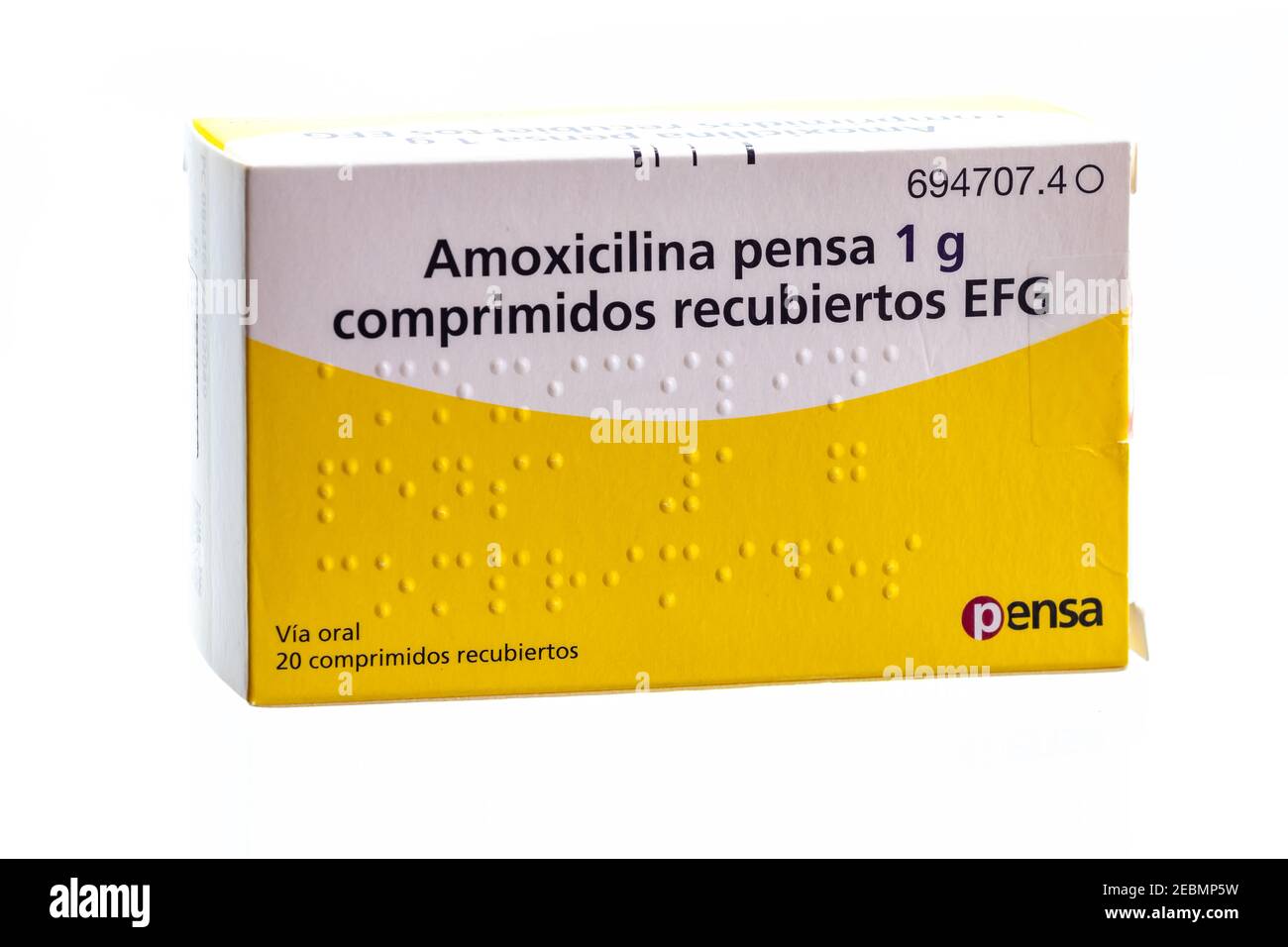 Huelva, Spain-February 12,2021: Spanish Box of Amoxicillin 1g ( 1000mg ) from Pensa Laboratory. It is a semi-synthetic antibiotic derived from penicil Stock Photo