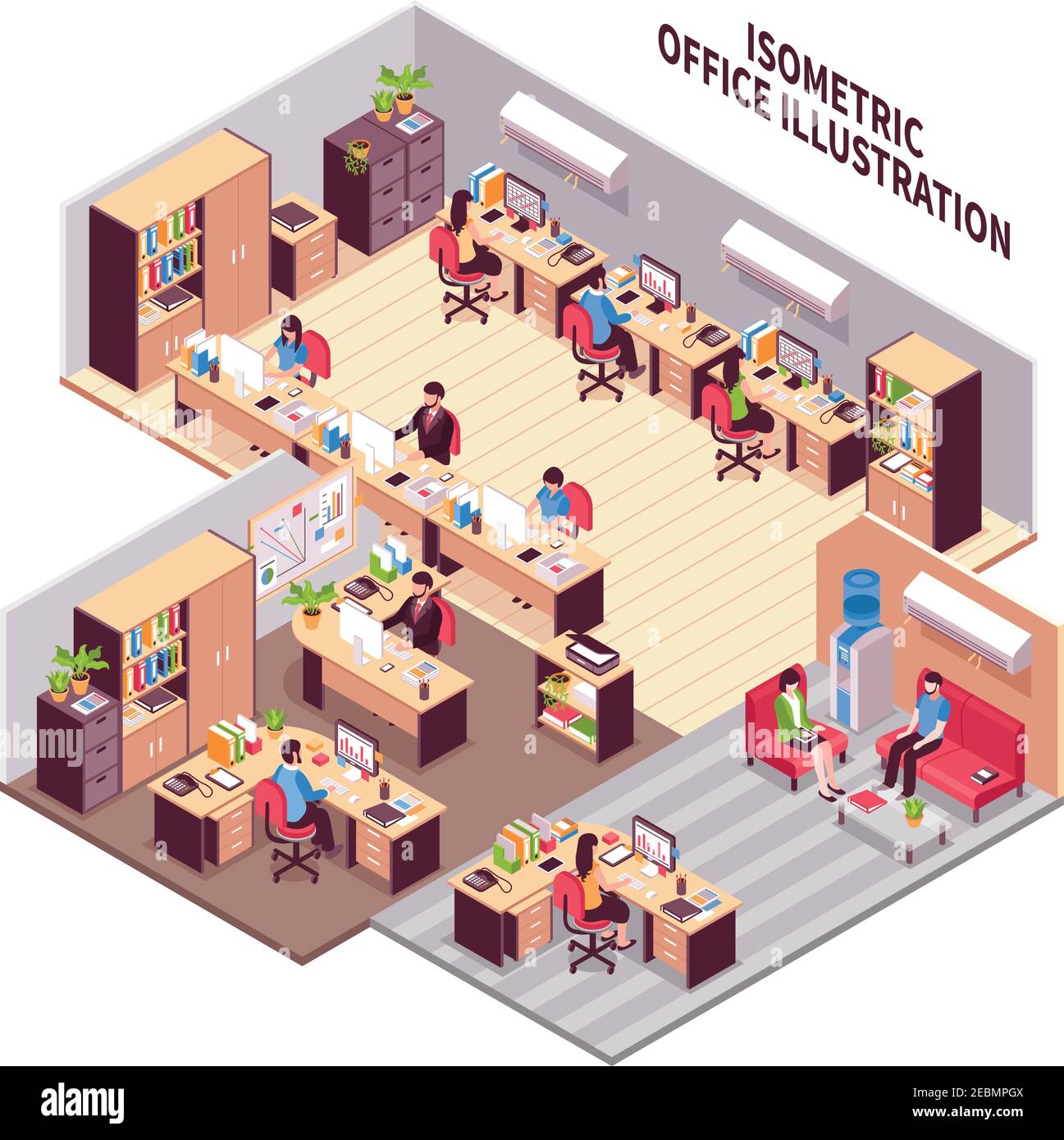 Isometric style composition with three office rooms environment workplaces with furniture machinery clients and employees images vector illustration Stock Vector
