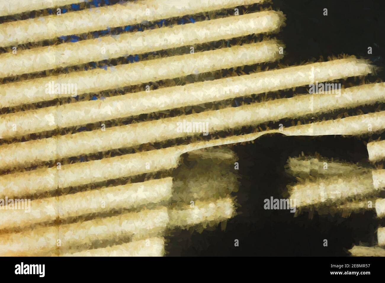 Sun shining through blinds creates repeating lines of shadow and ...