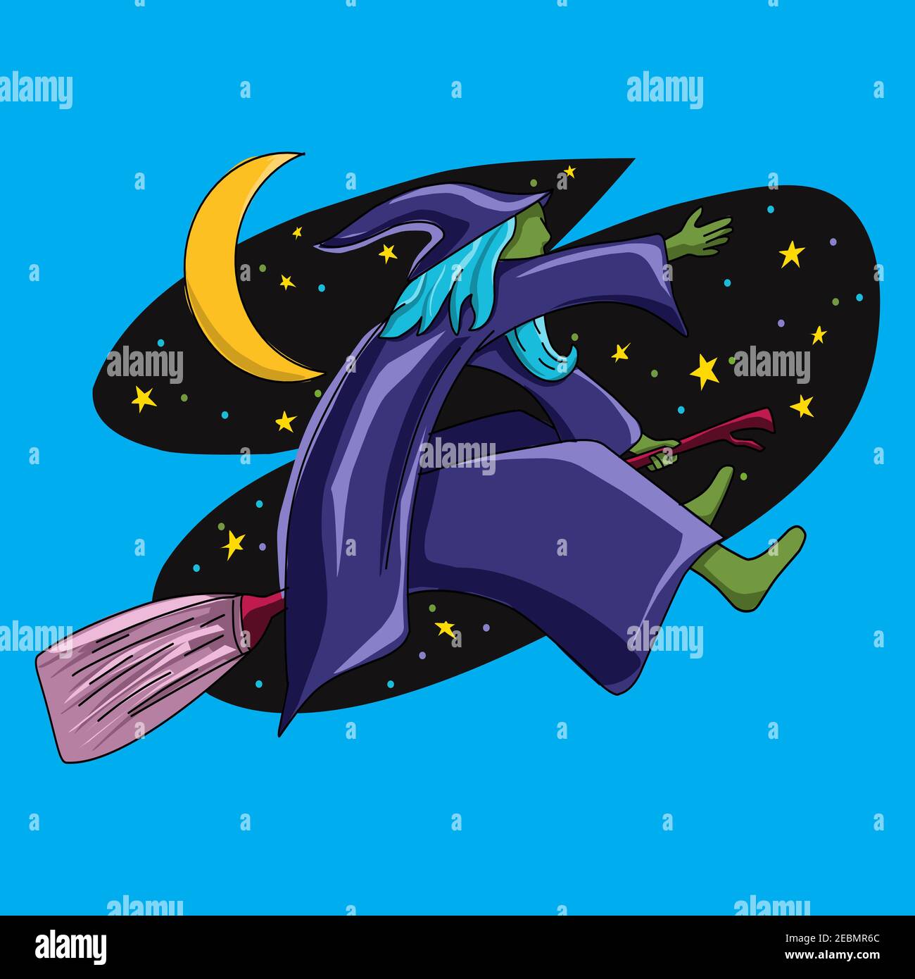 Illustration design a witch riding a broomstick with star and moon. Vector illustration EPS.8 EPS.10 Stock Vector