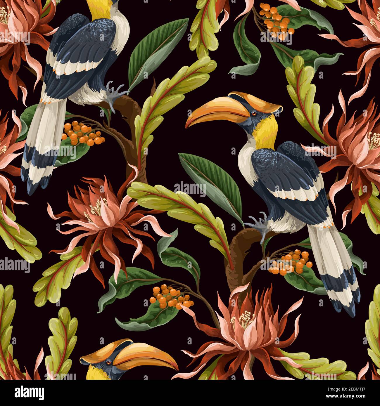 Seamless pattern with birds and tropical leaves and flowers. Vector ...