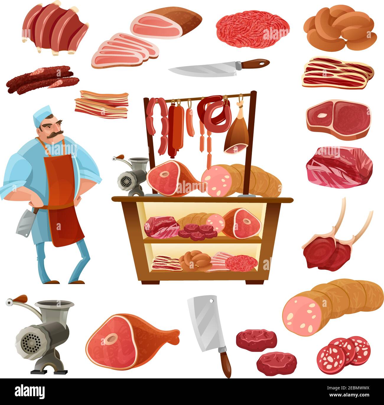 Butcher cartoon set with meat sausage and knife isolated vector