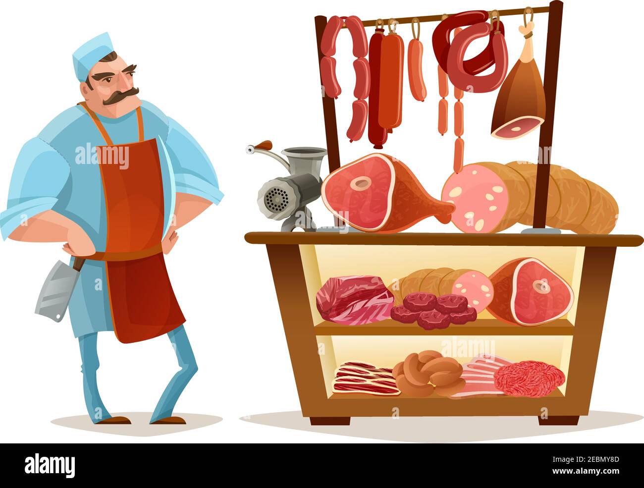 Butcher and meat market cartoon concept with sausages isolated vector