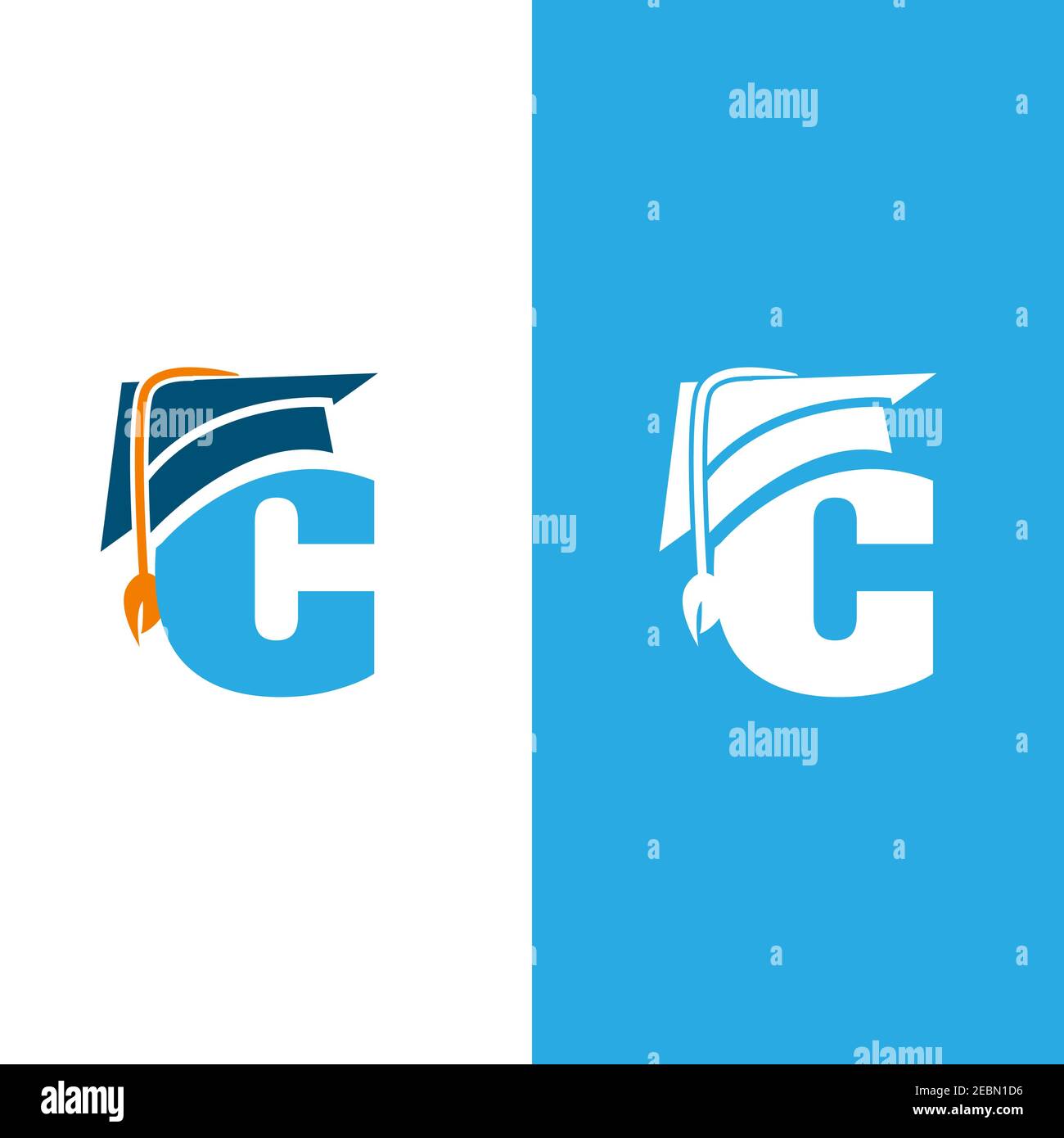 Initial letter C with graduation hat isolated white and blue background. Unique letter C in flat style. Vector illustration EPS.8 EPS.10 Stock Vector