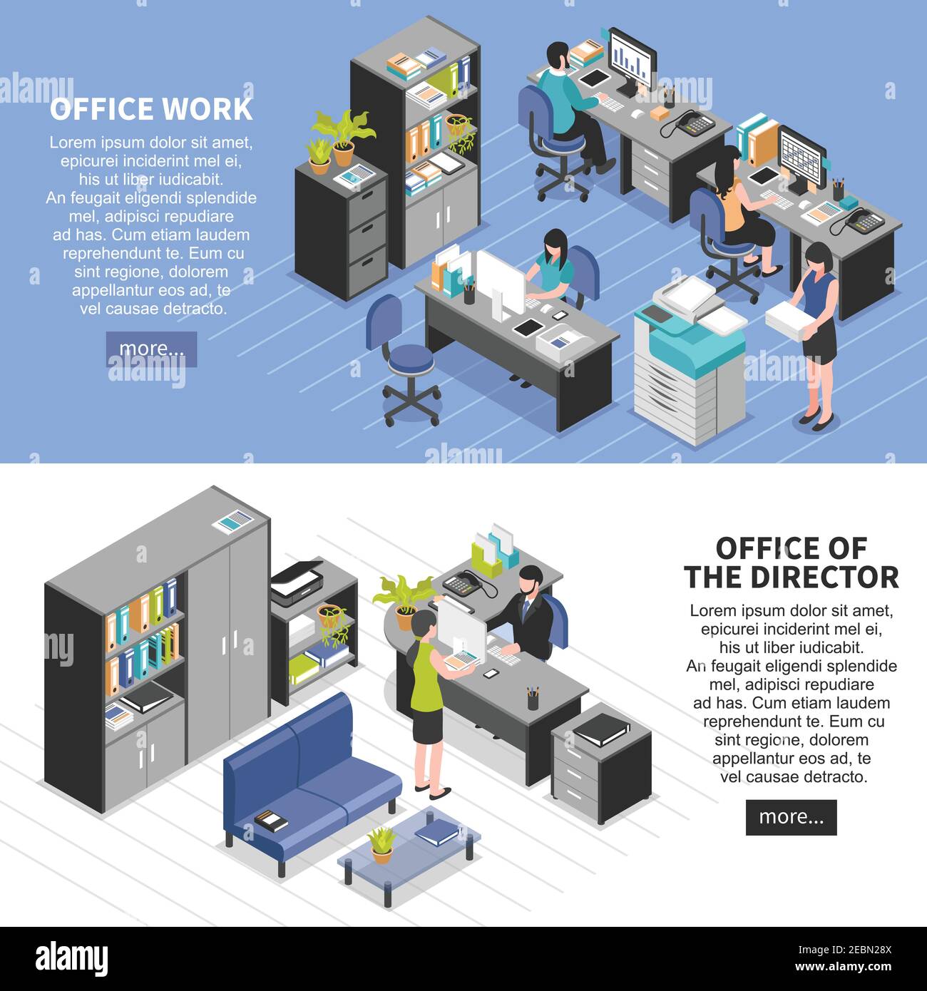 Two horizontal workplace banners set with isometric office furniture ...