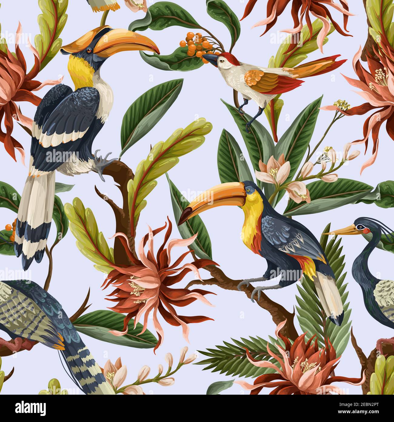 Seamless pattern with birds and tropical leaves and flowers. Vector ...