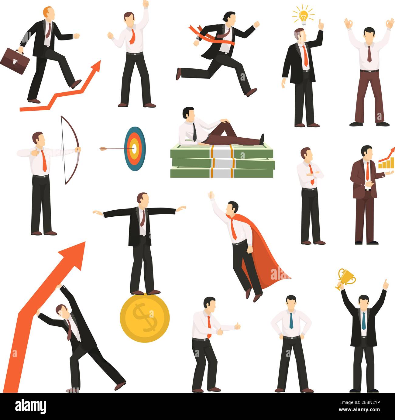 Successful businessman winner flat icons collection with goals targeting money investment and profit symbols isolated vector illustration Stock Vector