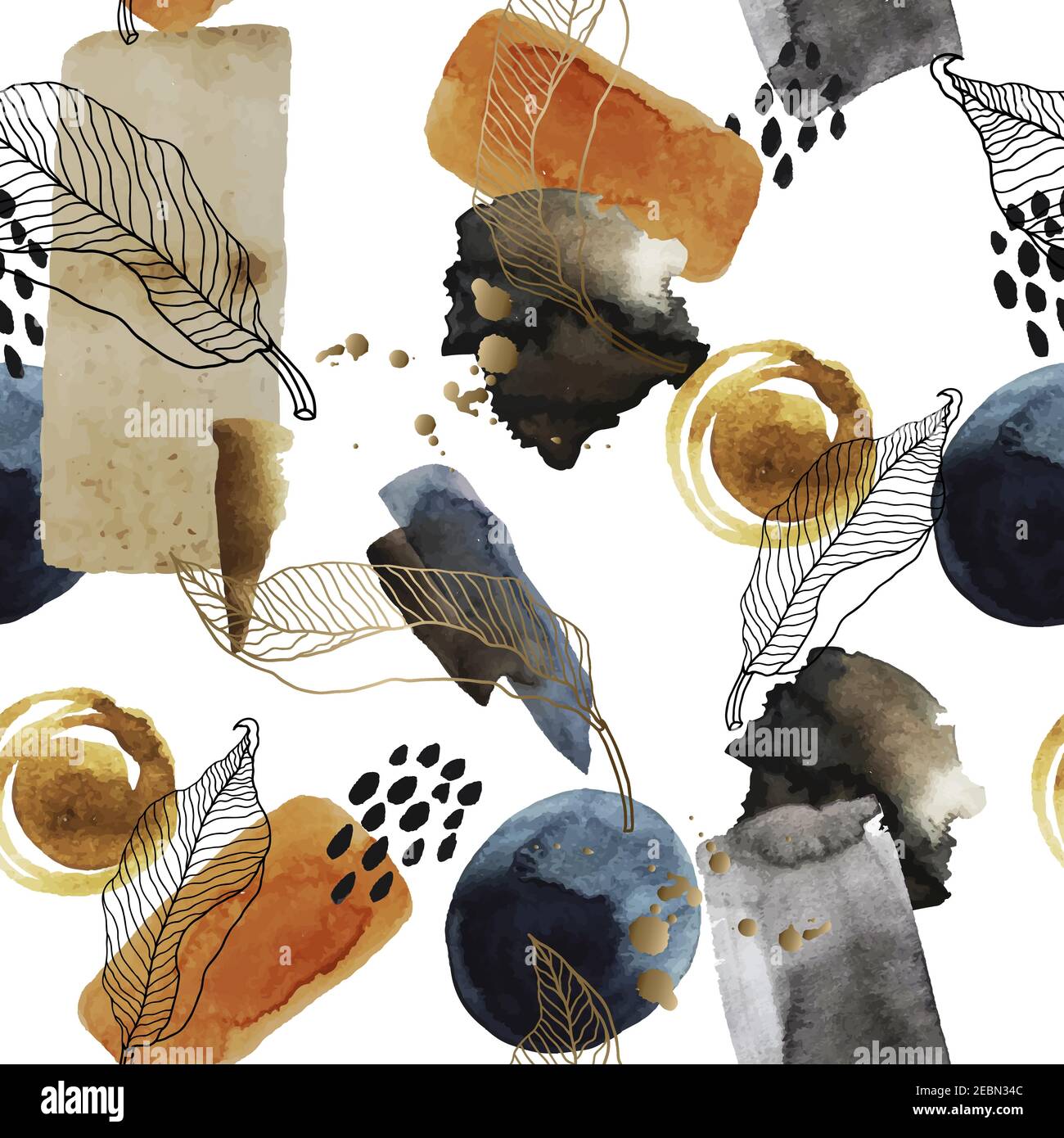Seamless abstract pattern with watercolor blots, leaves and gold elements. Vector. Stock Vector