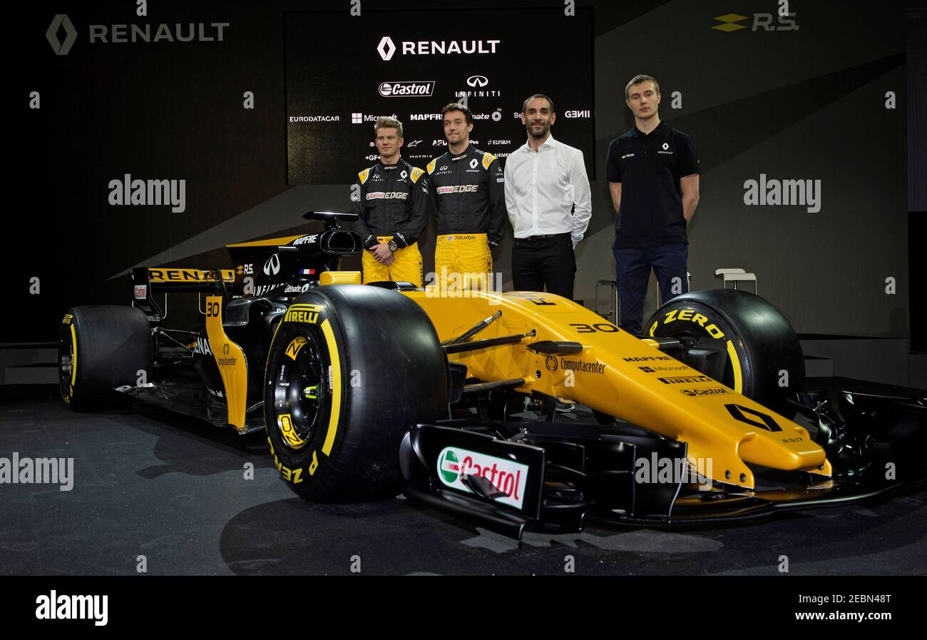Britain Formula One F1 17 Renault Formula One Car Launch The Lindley Hall London 21 2 17 Renault S Jolyon Palmer Nico Hulkenberg Test Driver Sergey Sirotkin And Managing Director Cyril