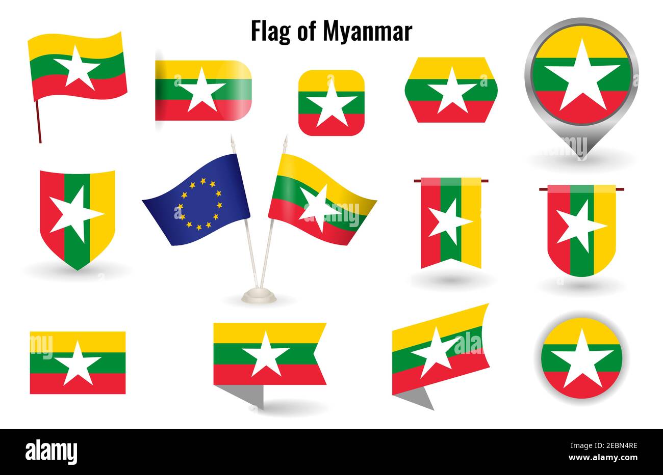 The Flag of Myanmar. Big set of icons and symbols. Square and round Myanmar flag. Collection of different flags of horizontal and vertical. vector ill Stock Vector