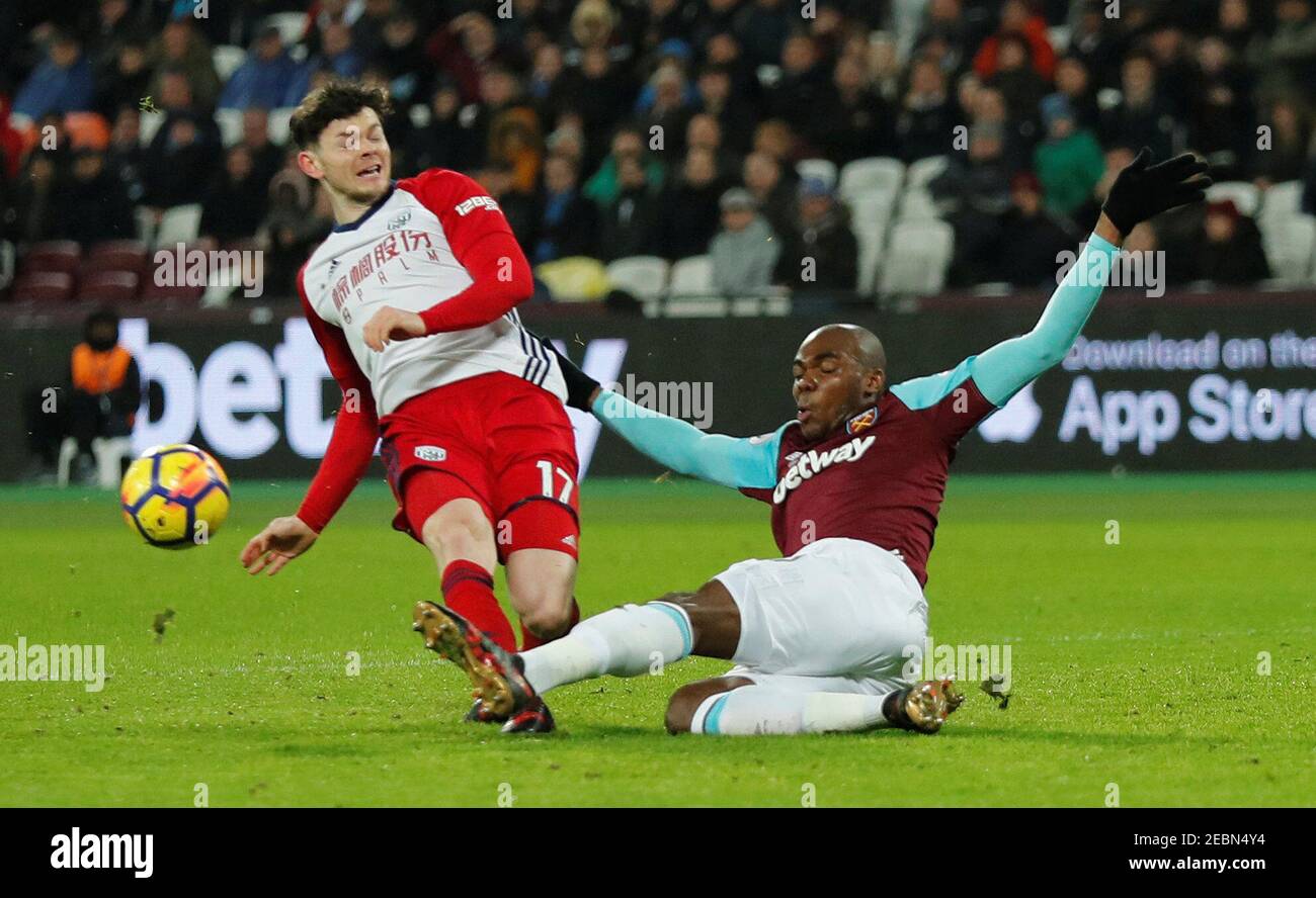 Soccer Football - Premier League - West Ham United vs West Bromwich Albion - London Stadium, London, Britain - January 2, 2018   West Bromwich Albion's Oliver Burke in action with West Ham United's Angelo Ogbonna   REUTERS/Eddie Keogh    EDITORIAL USE ONLY. No use with unauthorized audio, video, data, fixture lists, club/league logos or 'live' services. Online in-match use limited to 75 images, no video emulation. No use in betting, games or single club/league/player publications.  Please contact your account representative for further details. Stock Photo