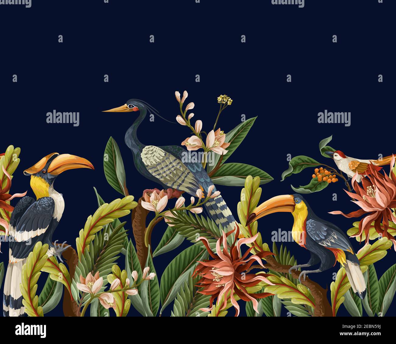 Border with birds and tropical leaves and flowers for interior. Vector ...