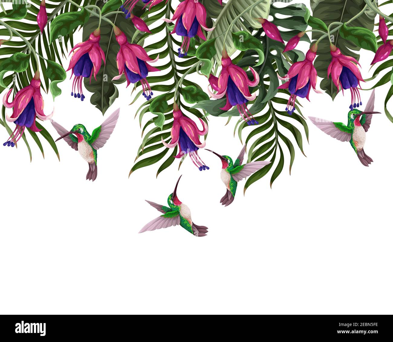 Border with hummingbirds and tropical flowers. Trendy vector print