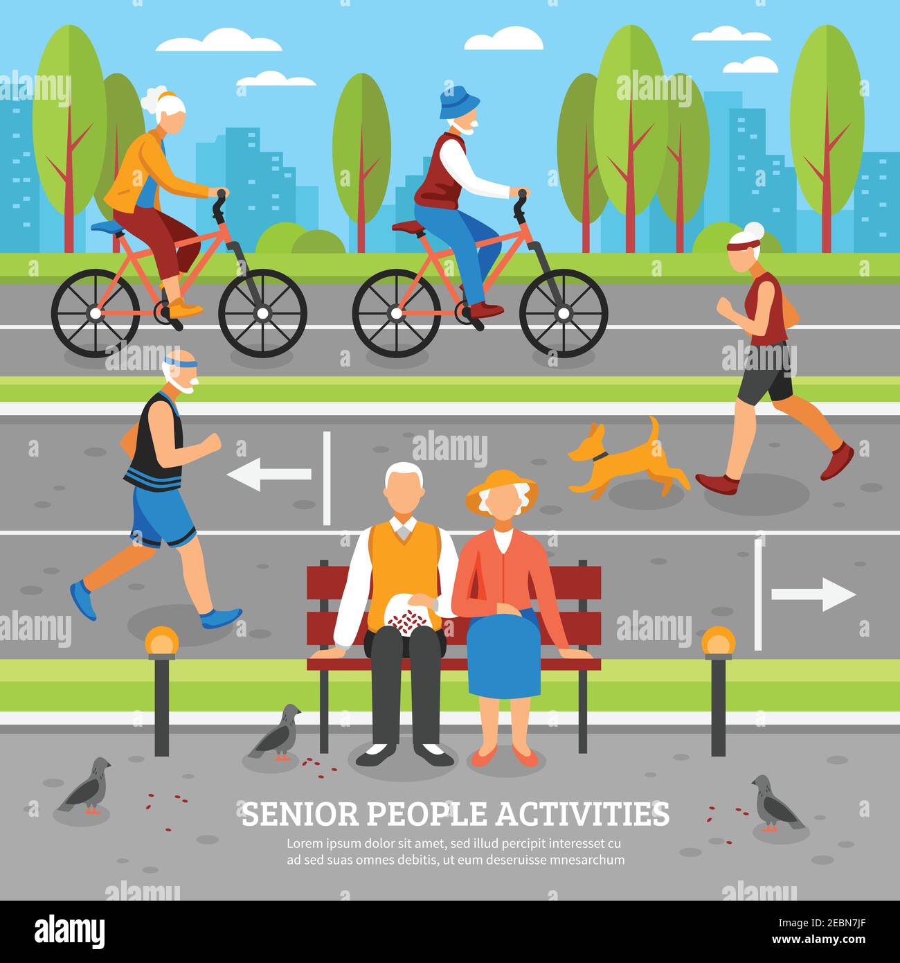 Senior people activities outdoor composition with flat characters doing different exercises sitting jogging and riding bikes vector illustration Stock Vector