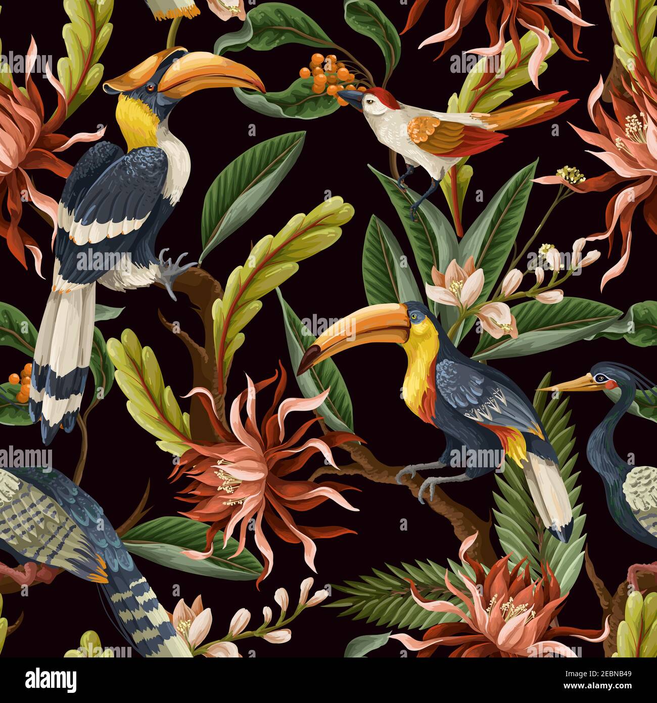 Seamless pattern with birds and tropical leaves and flowers. Vector ...